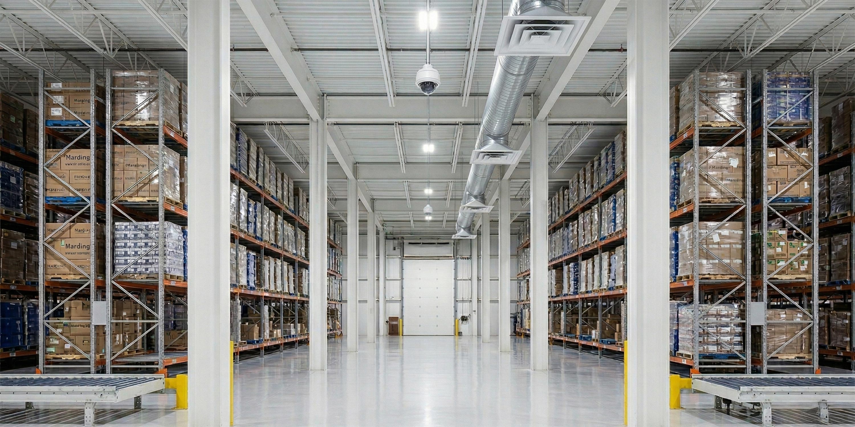 Spacious industrial warehouse with tall metal shelving units and polished concrete floors