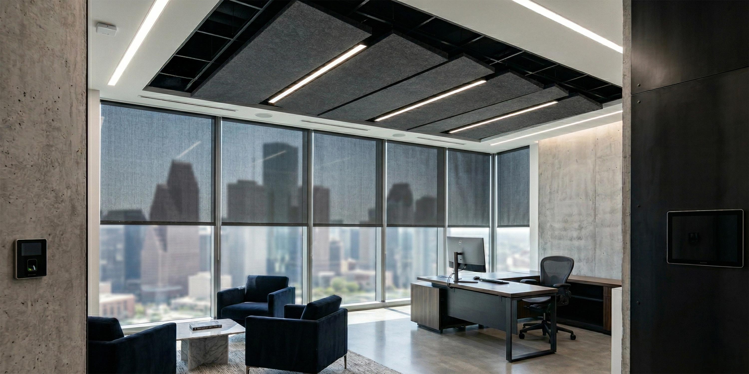 Modern executive office with floor to ceiling windows and city skyline view