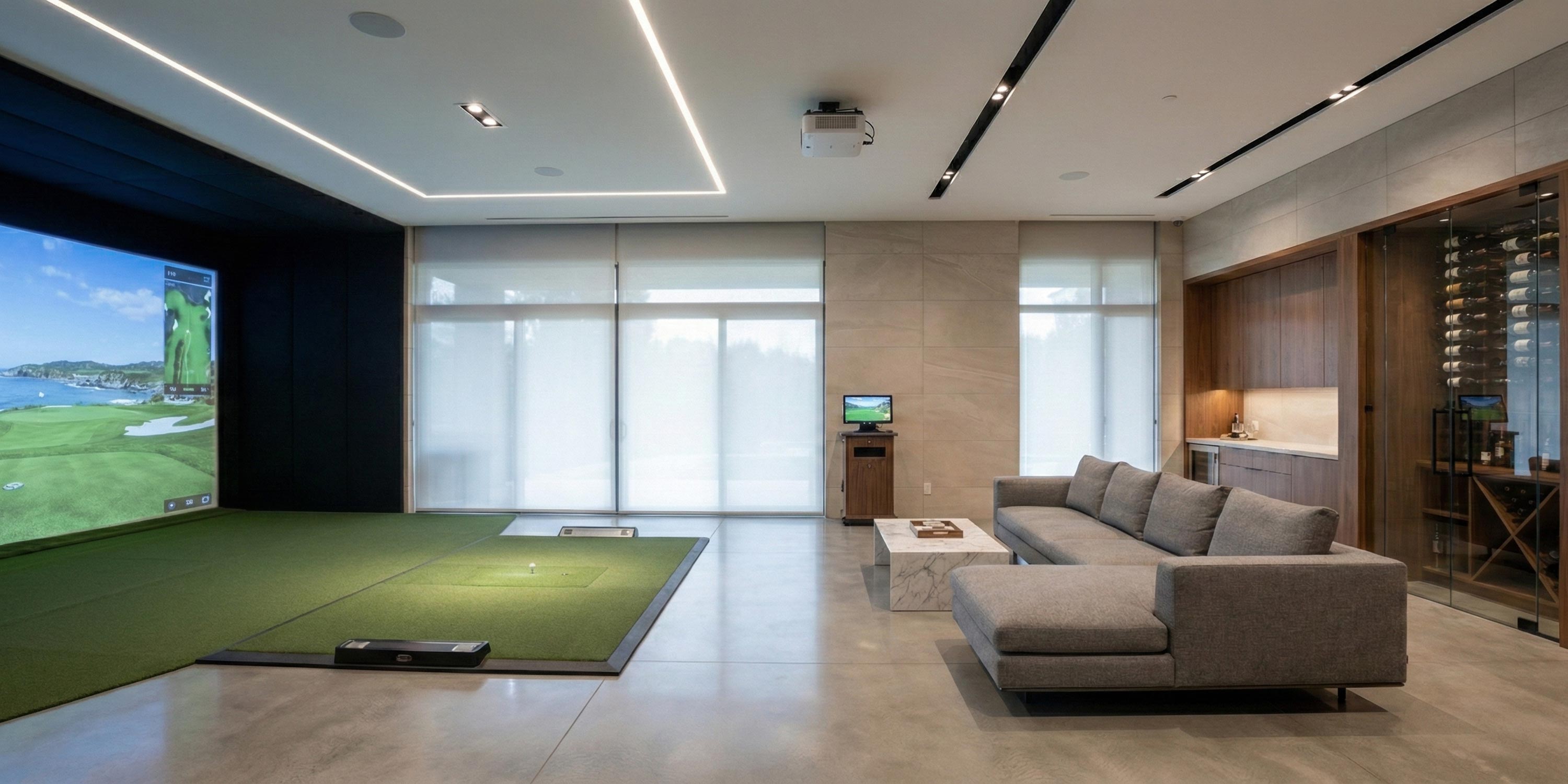 Modern indoor golf simulator room with large screen and gray sectional sofa