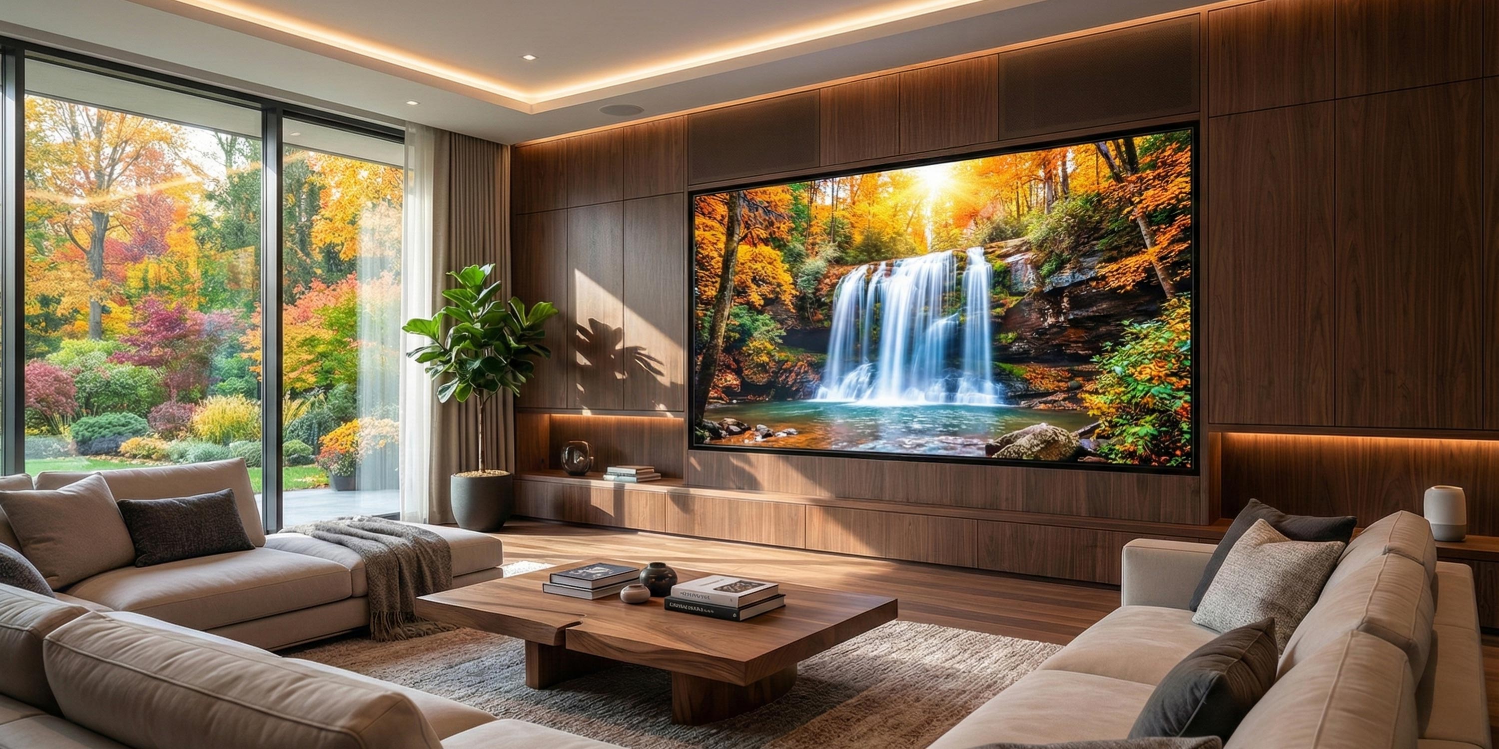 Contemporary living room with a large wall-mounted screen displaying a waterfall