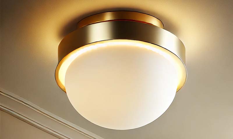 A modern gold and frosted glass flush mount light fixture