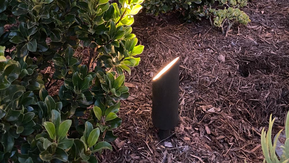 Low-voltage LED landscape lighting highlighting garden pathways and trees