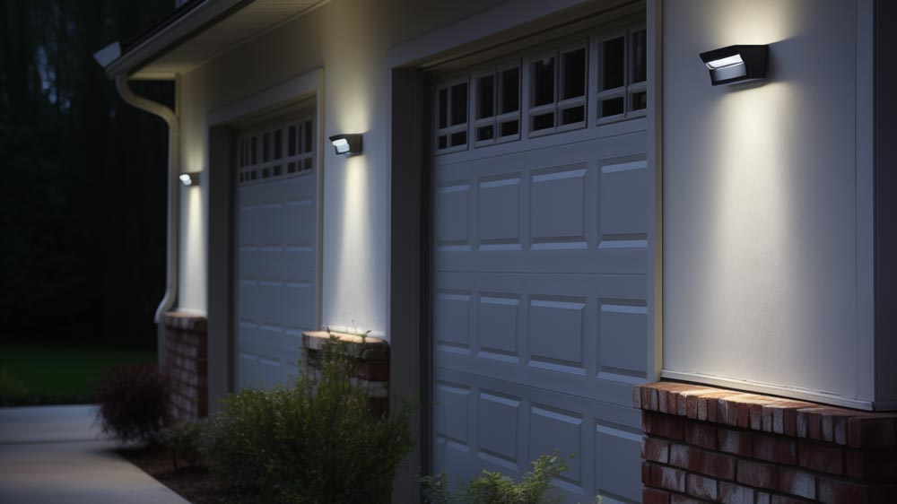 Wall-mounted exterior lights providing visibility for a garage and driveway