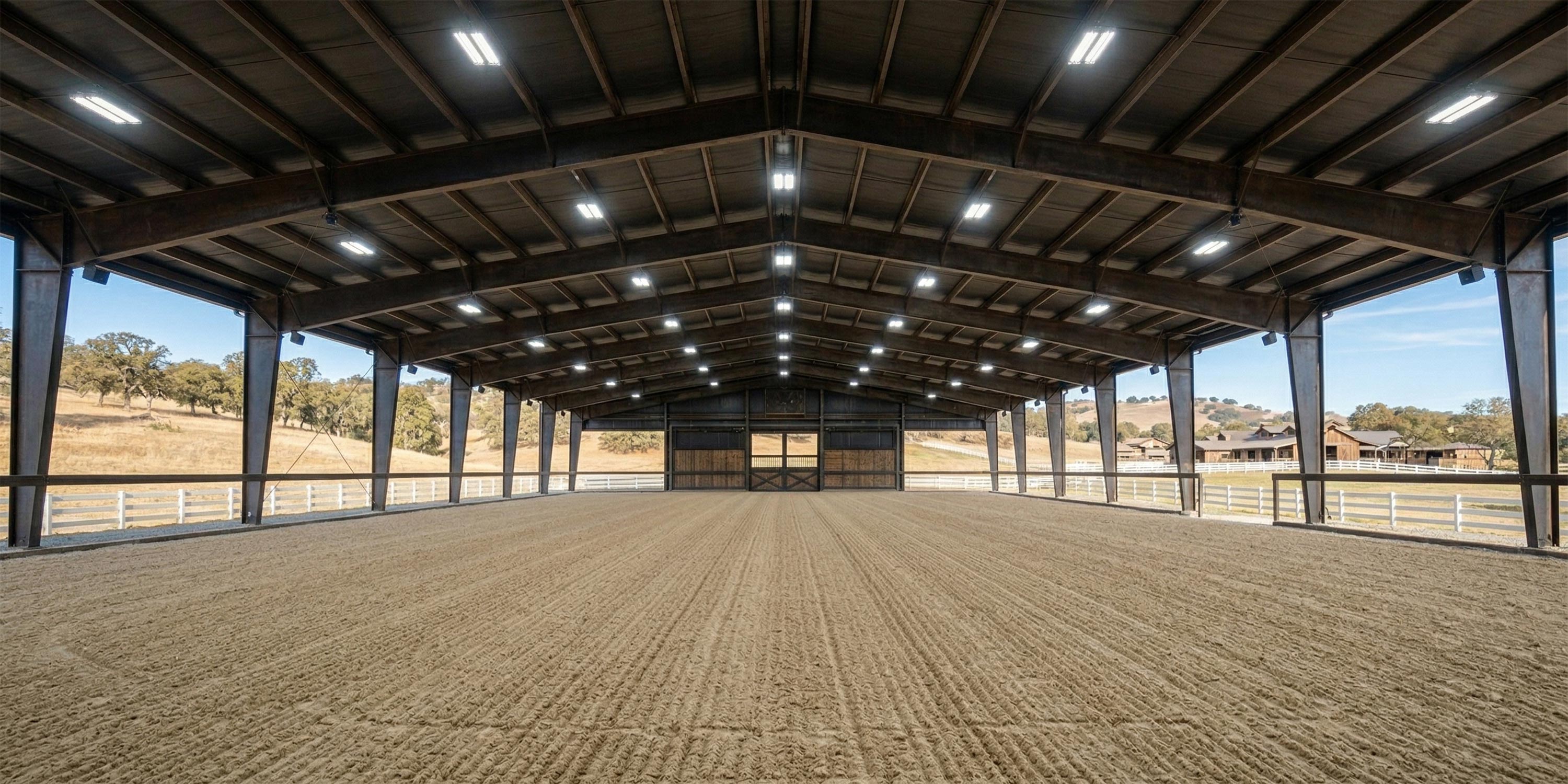 Large covered horse arena with sand footing and overhead lights