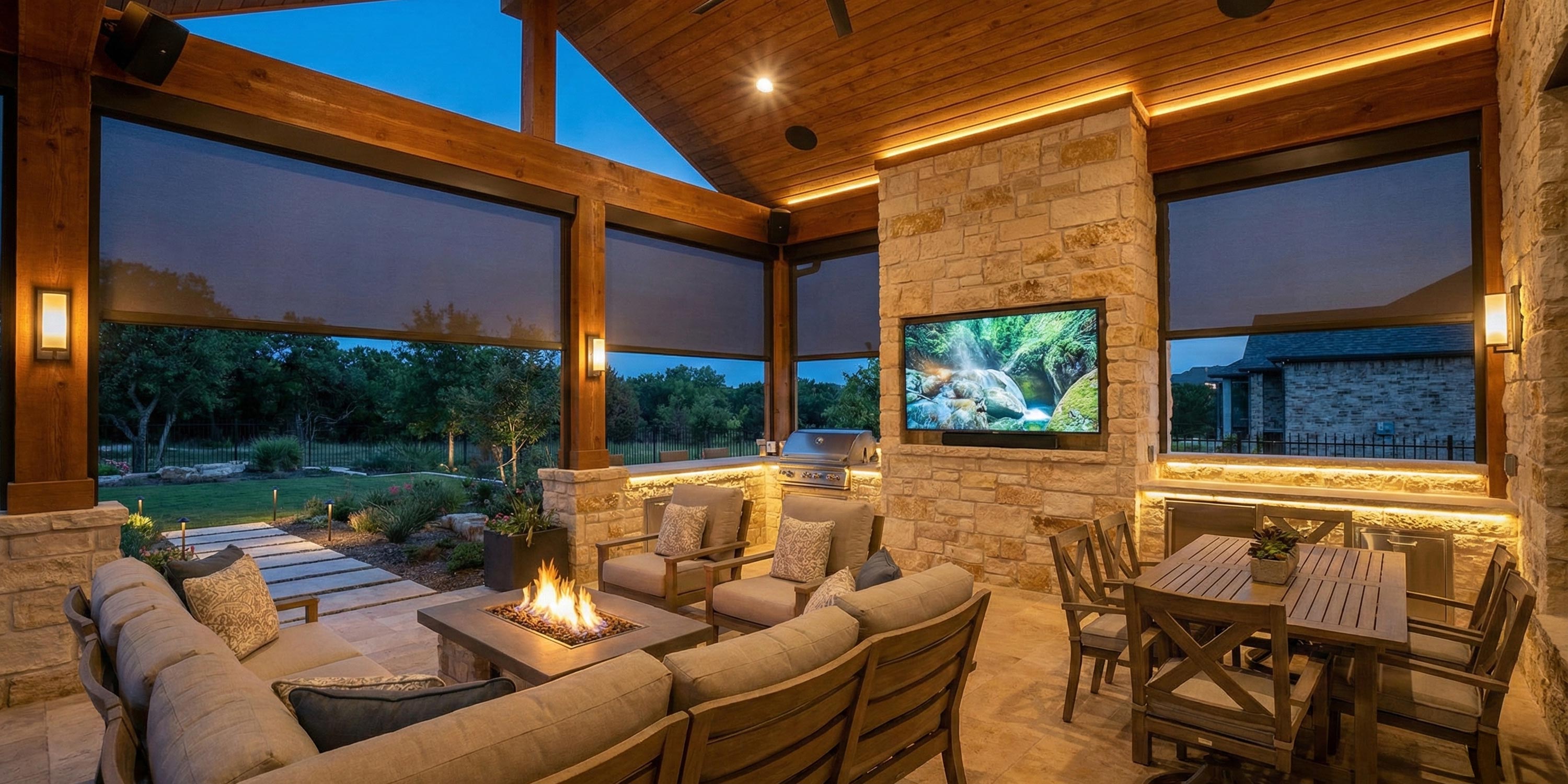 Outdoor living room with stone fireplace television and comfortable seating