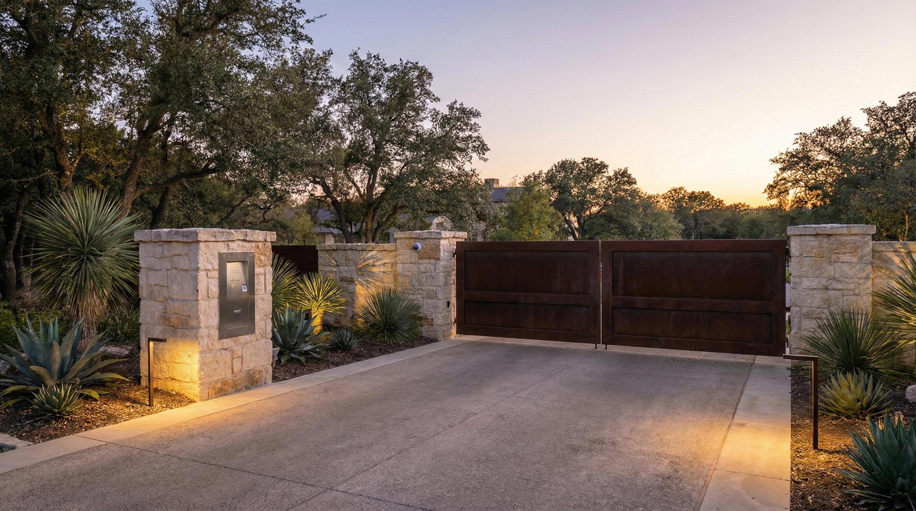 Modern metal driveway gate between stone pillars with desert landscaping