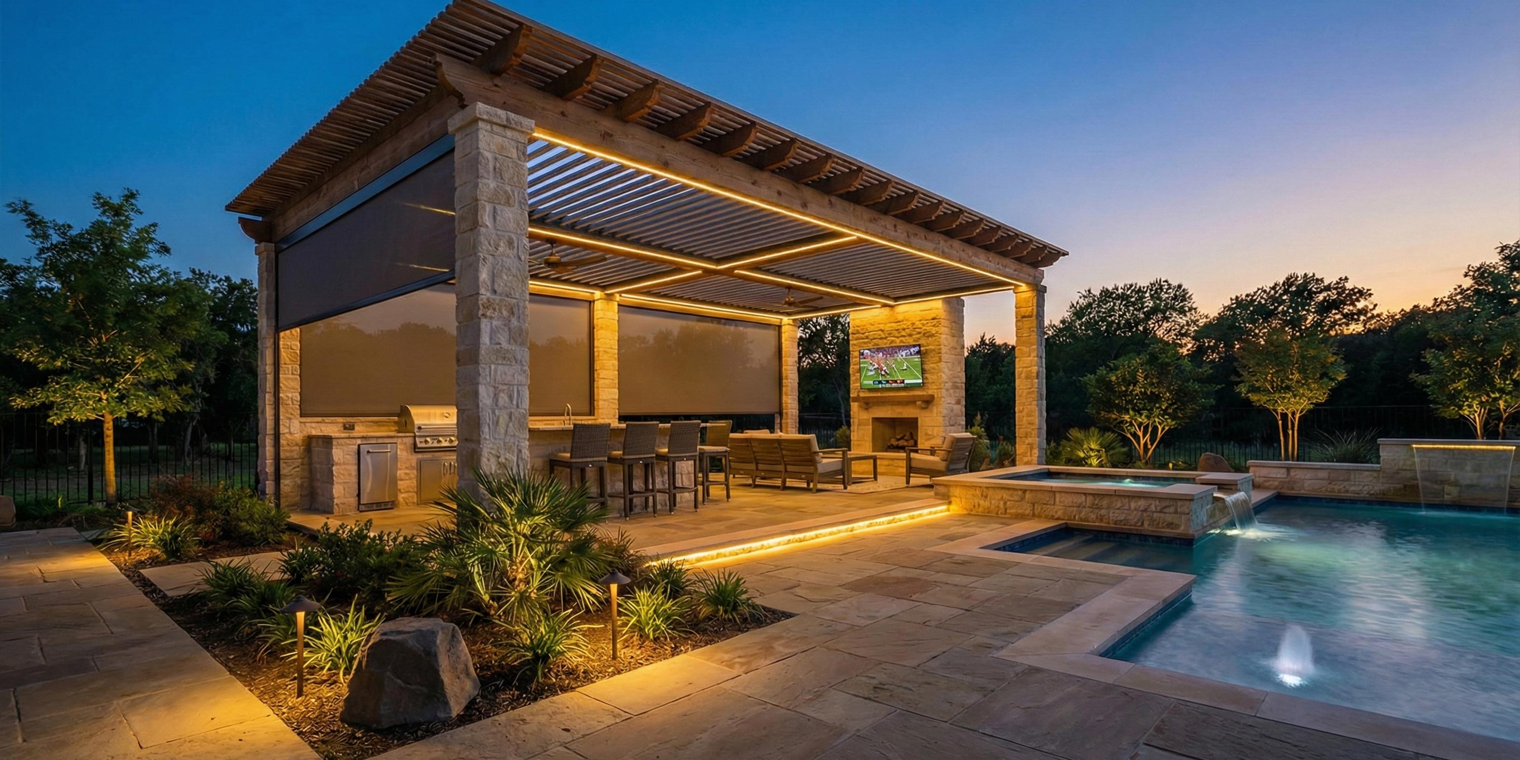 Luxury poolside pergola with built-in kitchen seating and television