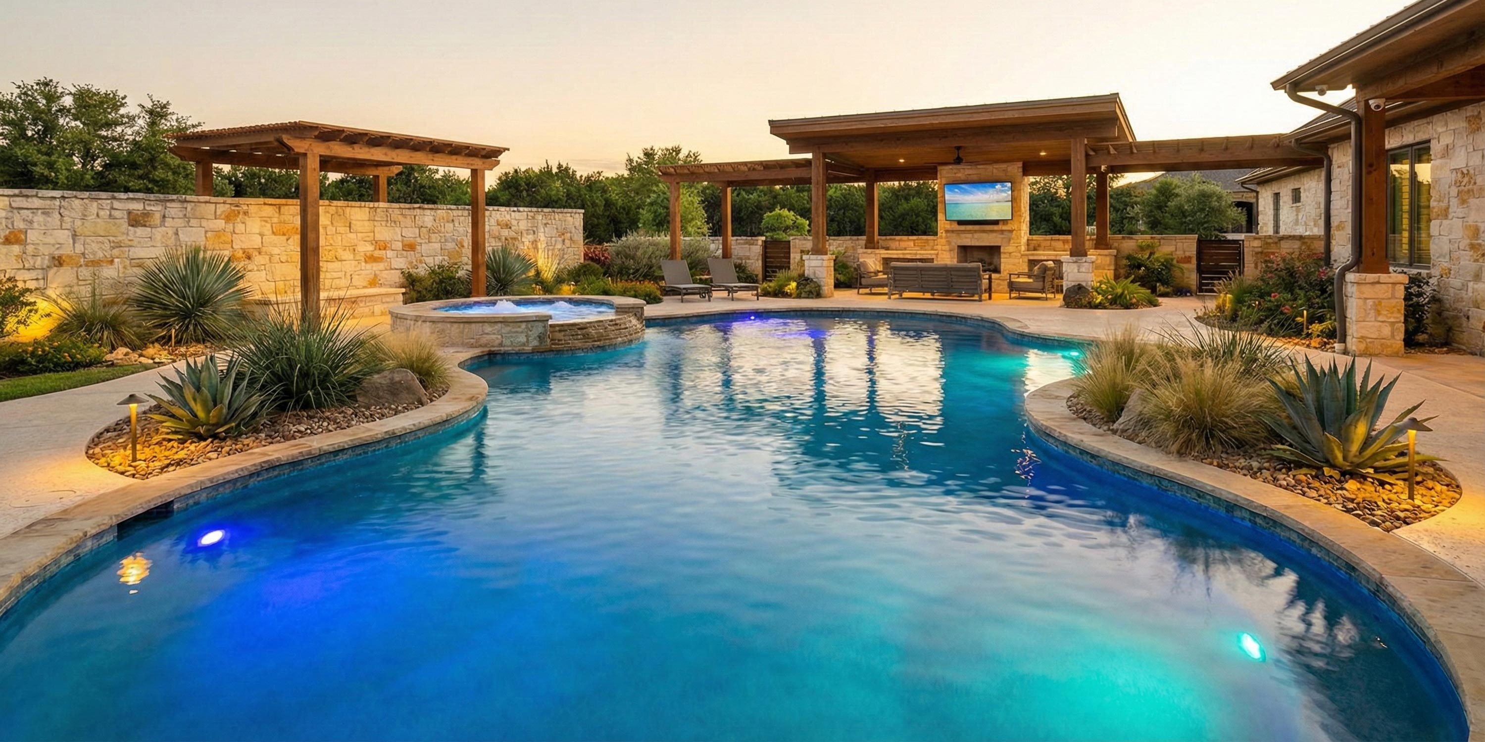 Backyard pool with circular spa and wooden shade structures