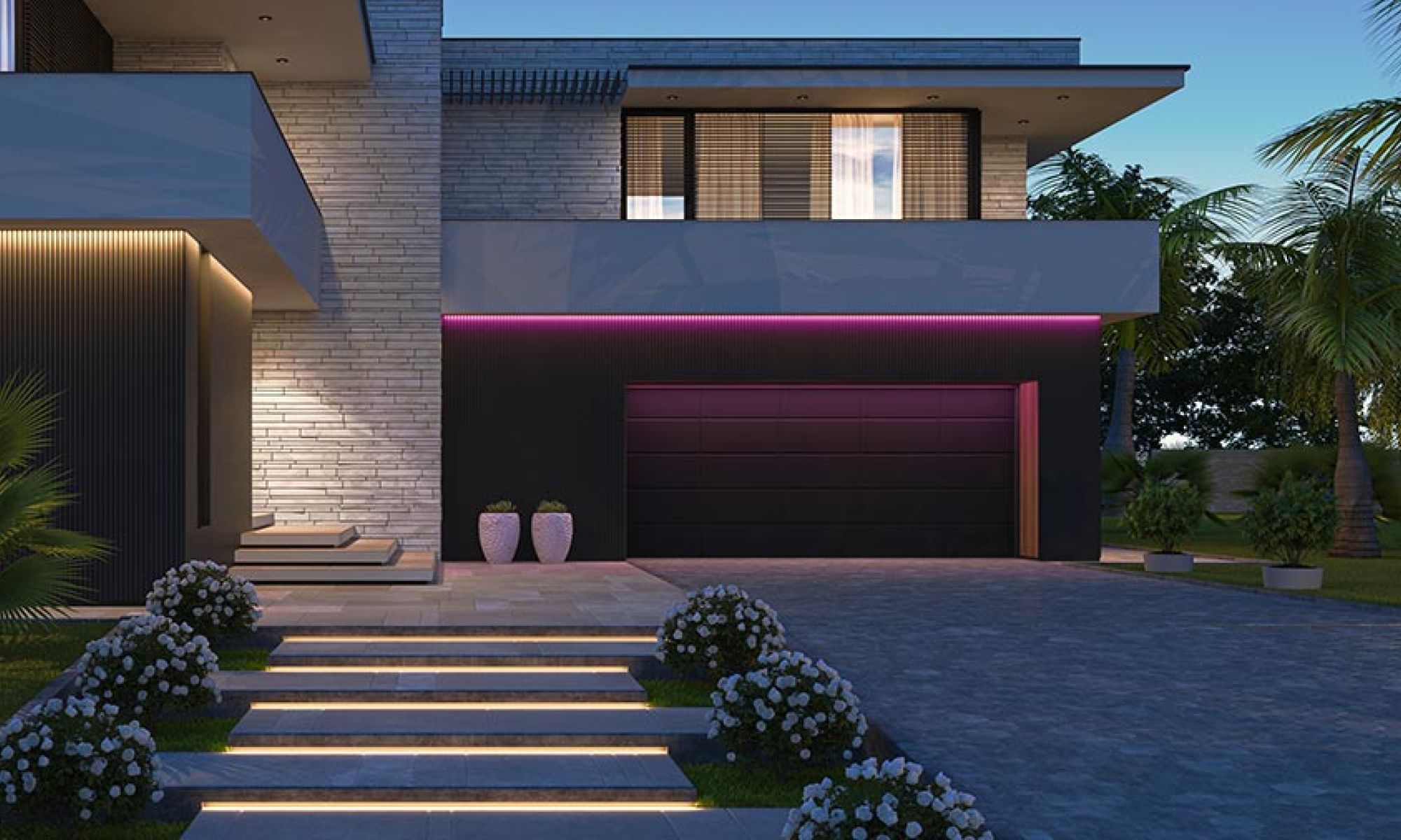 Modern home exterior featuring illuminated stone steps and purple light strip above garage